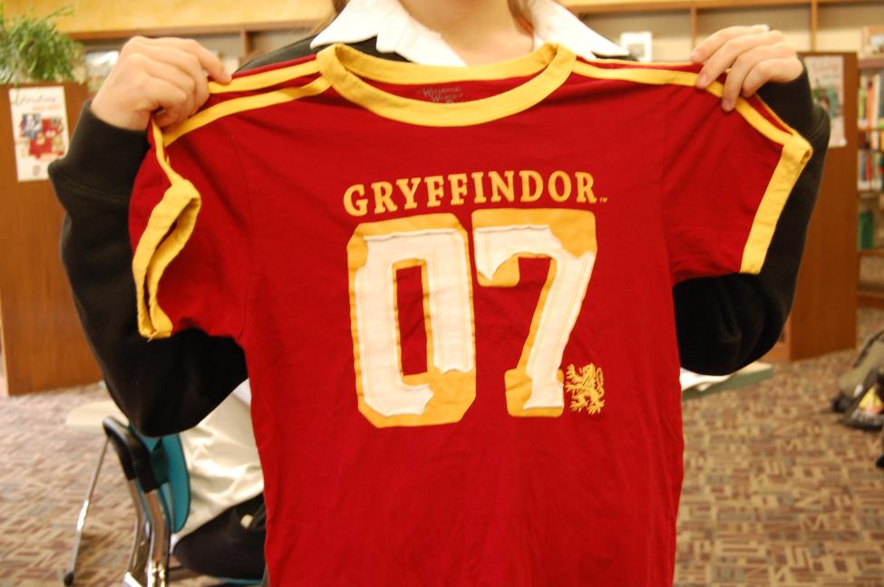 A student models Gryffindor's Qudditch t-shirt from Harry Potter.